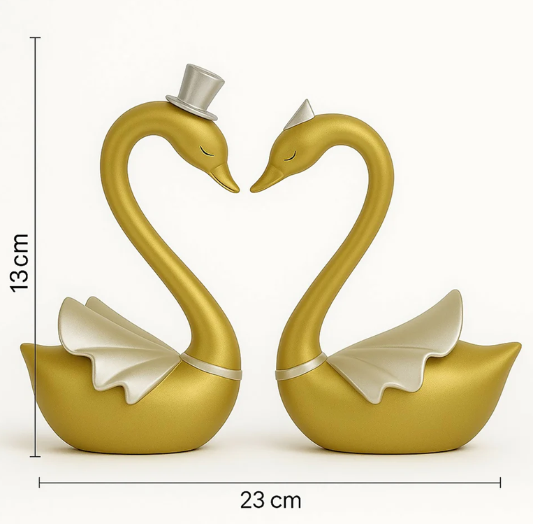 Golden Swan Couple Showpiece – Romantic Resin Love Bird Figurine with Silver Accents